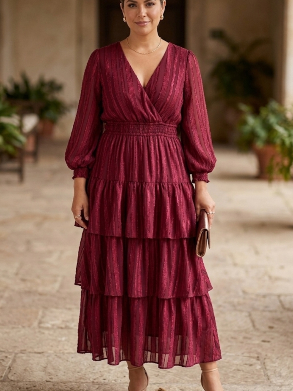 Women's Burgundy Tiered V-Neck Maxi Dress